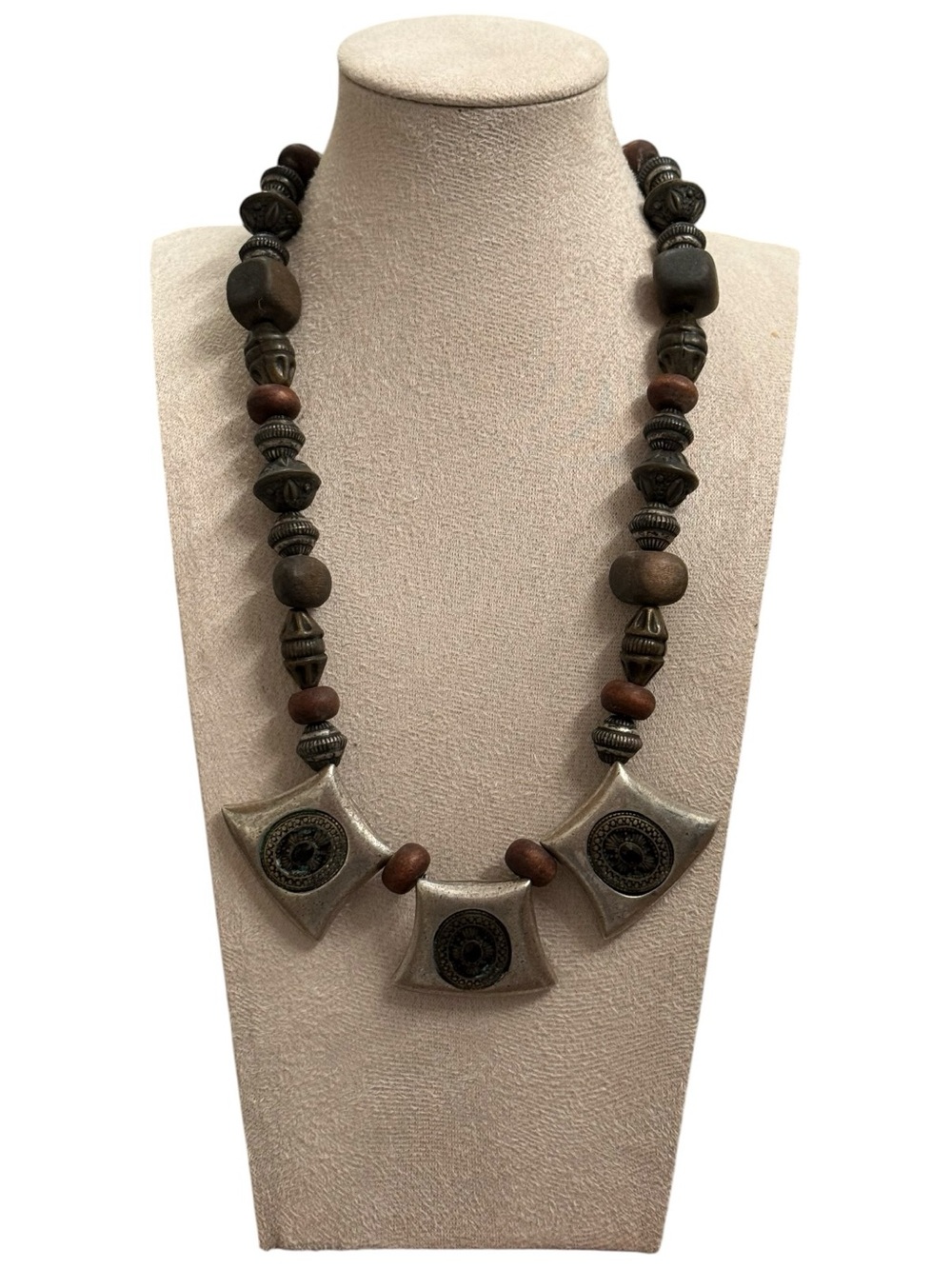 Chico's Vintage Brown and Silver Geometric Tribal Pendant Necklace